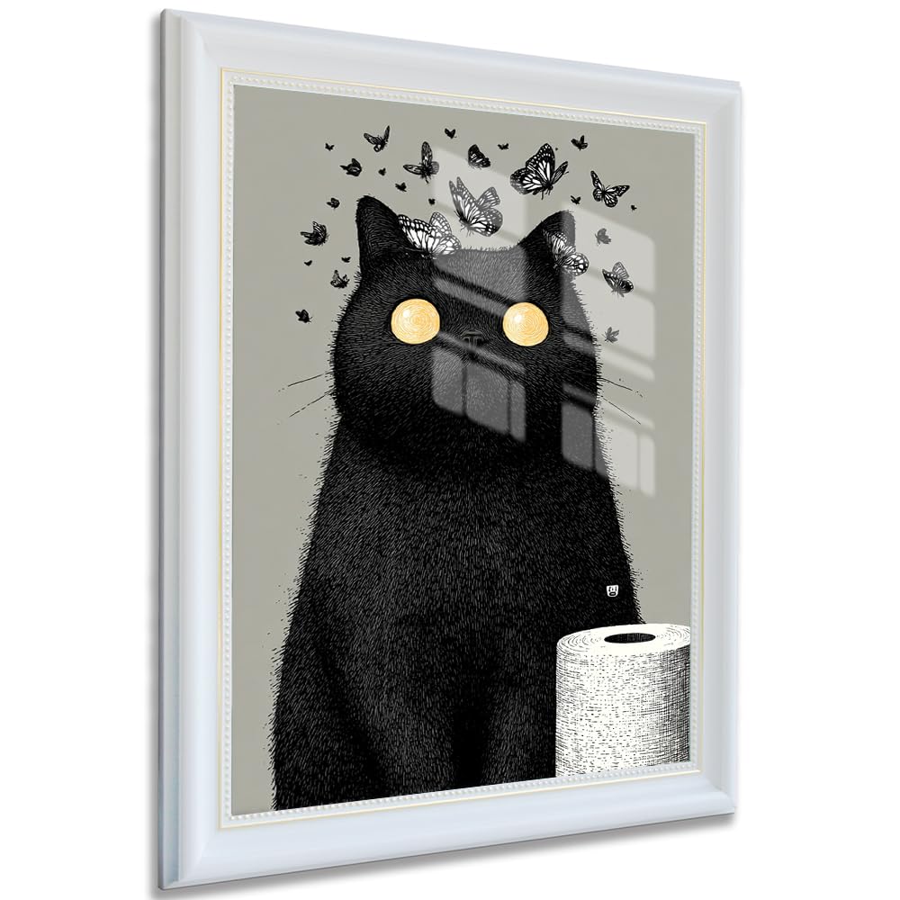 Surreal Black Cat Wall Art with Butterflies Canvas Print, Whimsical Animal Illustration Poster, Modern Vintage Style Wall Decor for Bathroom or Bedroom 28x35cm White Frame