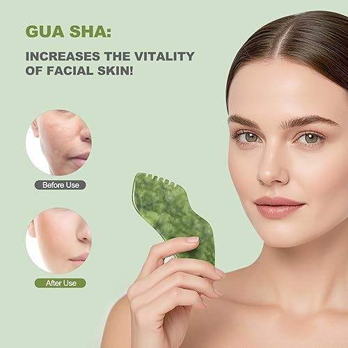 Miniatura 3 de airogym Juego de 2 piezas de piedra de jade Gua Sha, masajeador facial de jade, masajeador de drenaje linfático corporal, herramienta de escultura