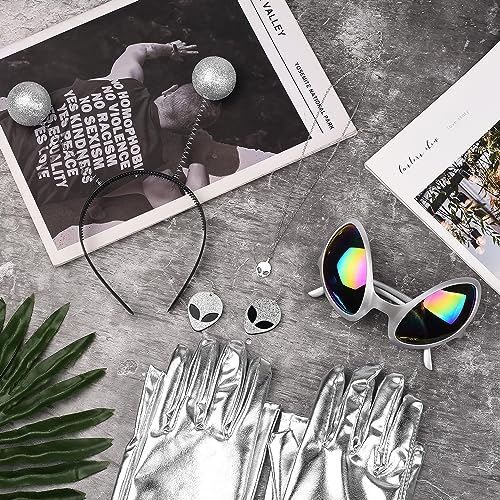 Lezevn 5 Pieces Alien Accessory Alien Ball Boppers Headband Silver Long Gloves Earrings Glasses Necklace Alien Cosplay Costume Accessories - Image 2