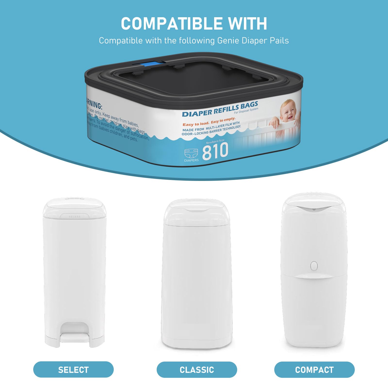 Bolsas de basura cuadradas jumbo (aroma a talco de bebé) compatibles con pañales Genie Classic, compactos y seleccionados, capacidad para hasta 810 pañales de tamaño recién nacido por recambio, 6