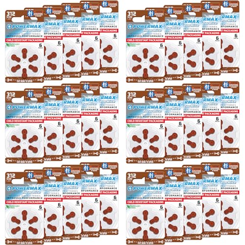 Image of Powermax Size 312 Hearing Aid Batteries, 180 Count Long-Lasting Battery Pack, Brown Long Tab for Easy Change