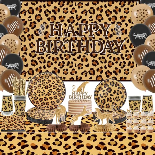 Gepard Geburtstag Dekorationen Leopard Print Party Supplies einschließlich Happy Birthday Backdrop Geschirr Tischdecke Luftballons für Dschungel-Safari Print Party Baby Shower, serviert 20