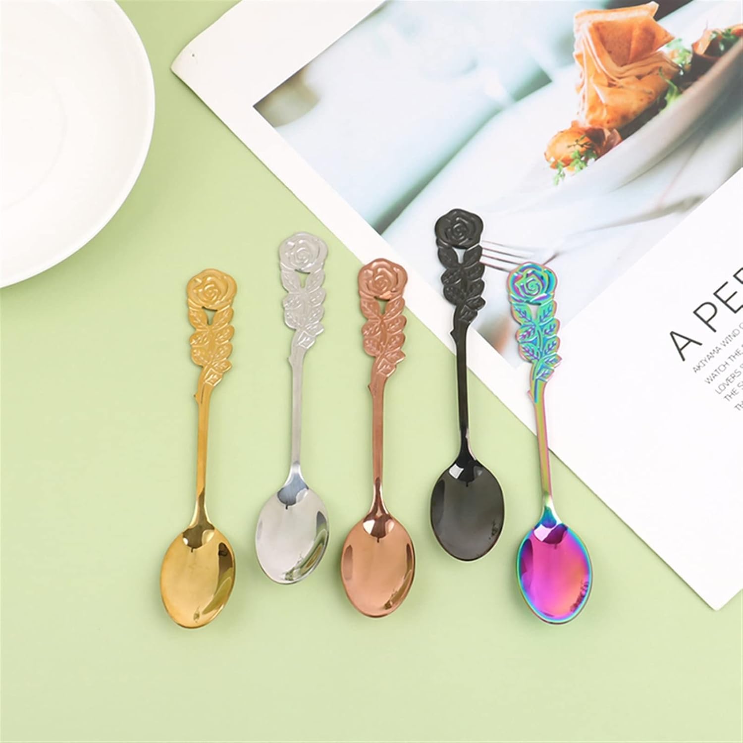 Coffee Scoops Rose Handle Coffee Service Spoon Mini Stirring Teaspoon Dessert Fork Decor 304 Stainless Steel Material Accessories(SV)