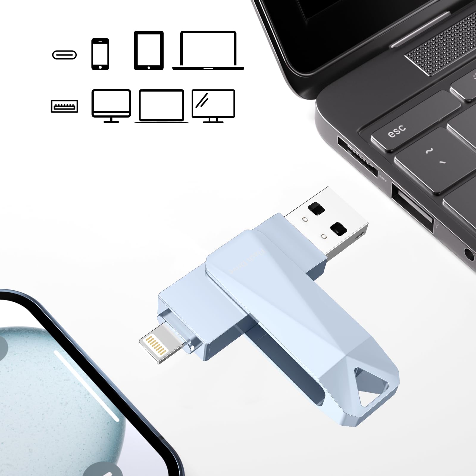 Chiavetta USB per iPhone da 512 GB, certificata Apple MFi, chiavetta USB per iPad, iPhone, computer Picture Keeper, disco rigido portatile, grigio