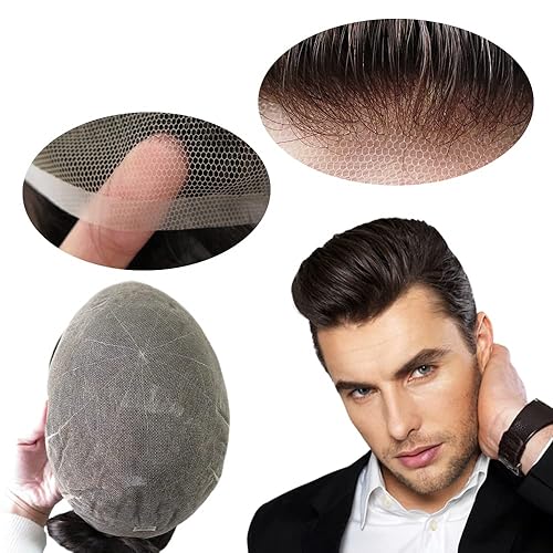 Miniatura 32 de Toupee para hombres, piezas de cabello humano, sistema de reemplazo de cabello Reak, cabello ondulado de encaje suizo natural #1B30