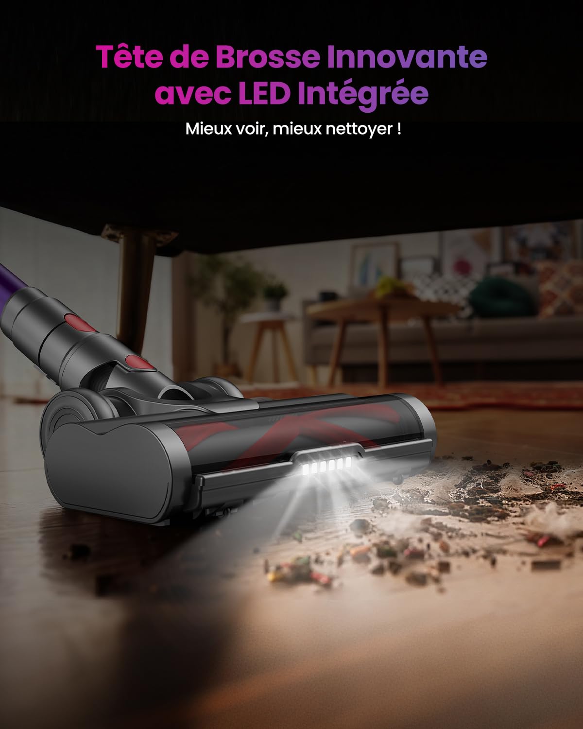 Aspirateur Balai Sans Fil avec 2 Batteries, 150Min/55KPA/600W/2.0L Aspirateur Sans Fil Puissant, Brosse Anti-Enchevêtrement/Support Mural Rechargeable/Écran LED, pour Poils d'Animaux/Tapis/Sols Durs