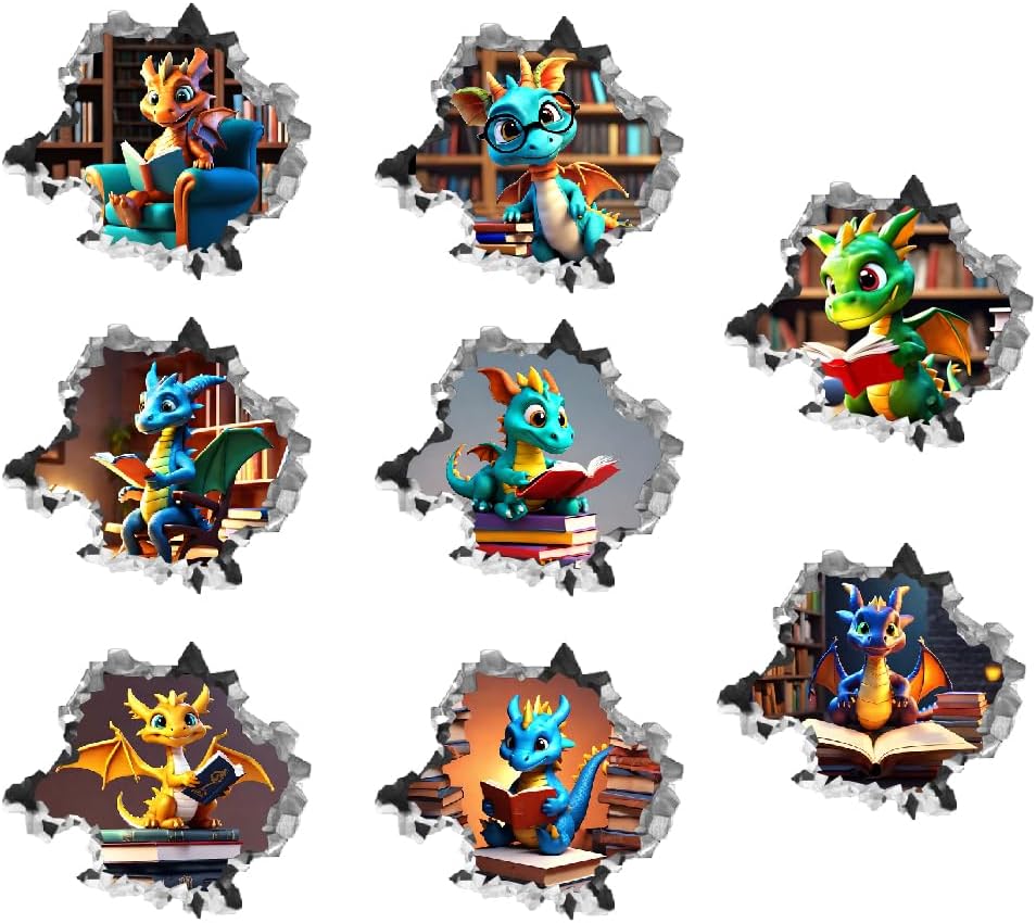 SUPERDANT 8pcs Dragon Reading Book Wall Sticker 3D Dragon in The Hole Wall Decal Peel and Stick Vinyl Art Decals Funny Home Decor for Nursery Children's Room Bedroom Playroom Livingroom Decoration