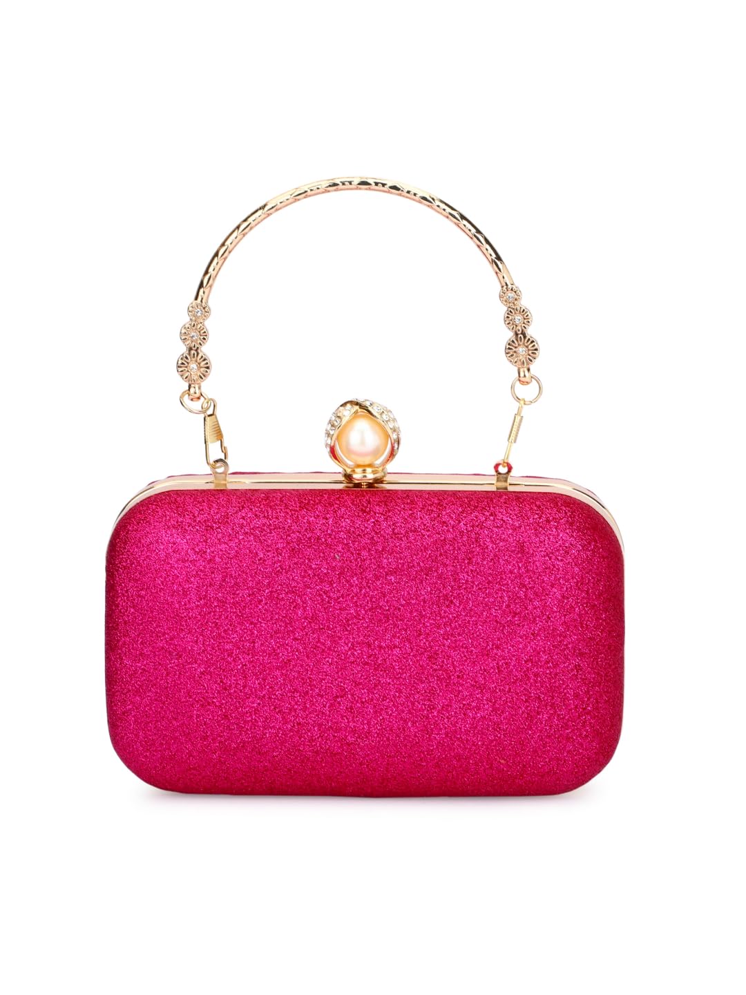 toobacraft Hot Pink Glitter Clutch Bag for Women – Elegant Party Purse with Gold Handle & Pearl Clasp, Perfect for Weddings, Festive Looks & Evening-picture-10