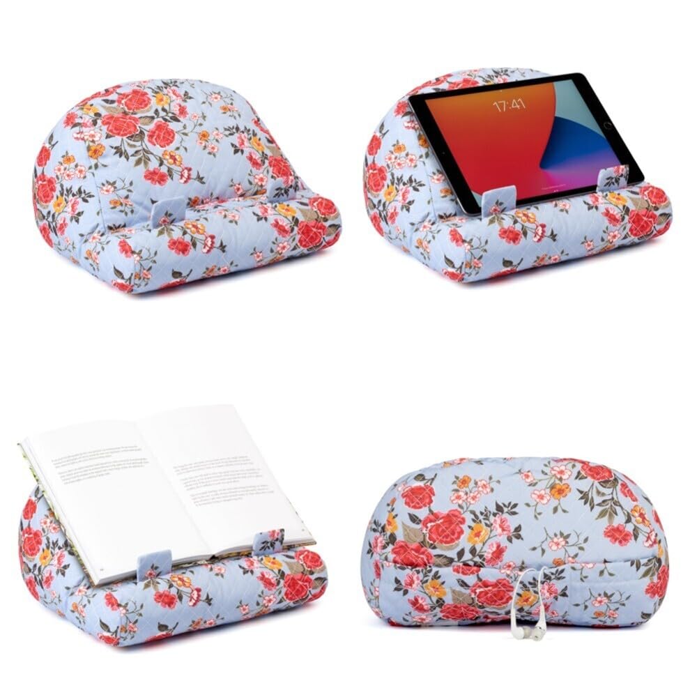 Bookcouch Roses - Blumenmotiv hellblau - Lesekissen f r B cher und Tablets - Buchst nder - Tablethalter