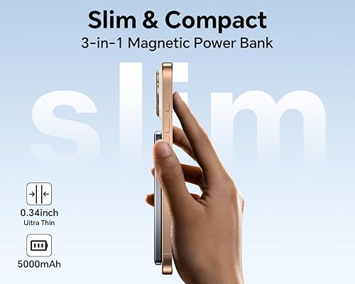 Miniatura 6 de Cargador portátil magnético ultradelgado, cargador portátil inalámbrico de 5,000 mAh con cable USB-C, batería para Apple Watch, cargador magnético