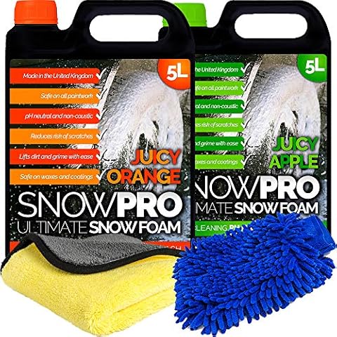 SnowPro Orange Snow Foam pH Neutral Shampoo 5L with AppleSnow Foam 5L and Car Wash Mitt and Microfibre Cloth Cover