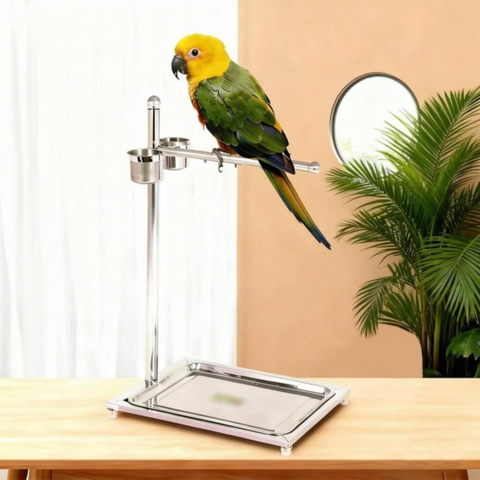 Soporte en Diseño en 7 Acabado Plateado Percha Acero Estructura Desmontable Artículo para Aves, Mediano
