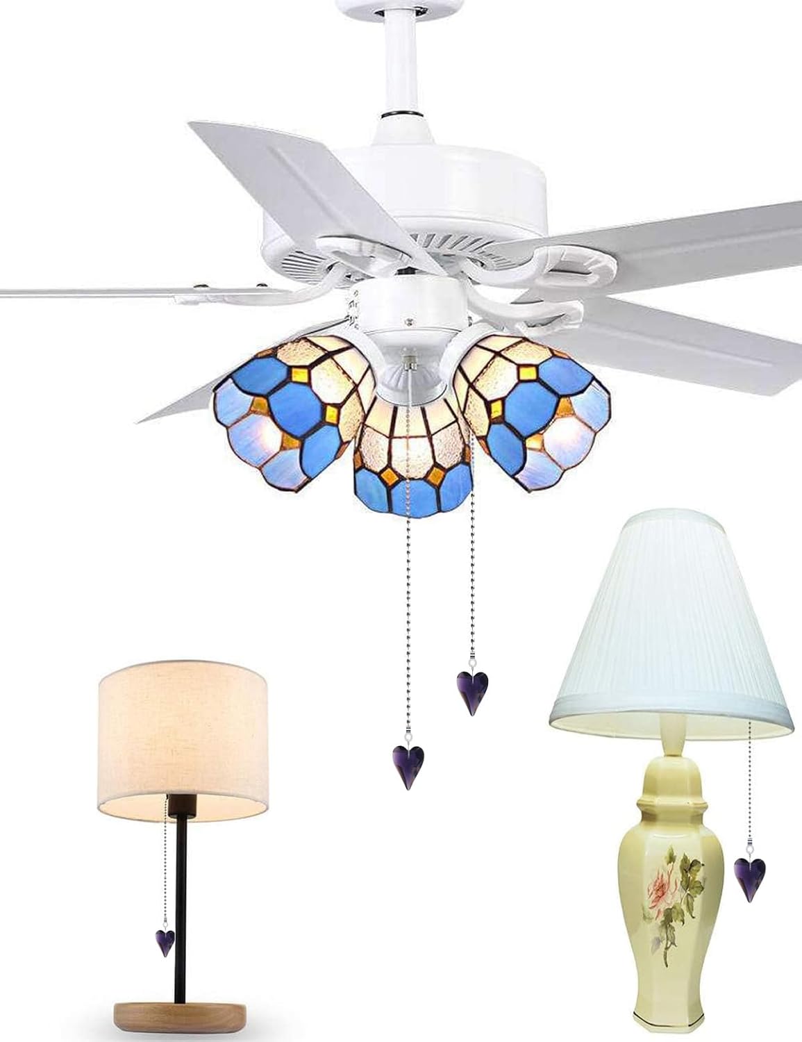 Ceiling Fan Pull Chain Extender, 2-Pack 12 Inch Crystal Heart Decorative Pull Chains for Ceiling Fans and Lights with Charm Pendant & Connector (Violet)