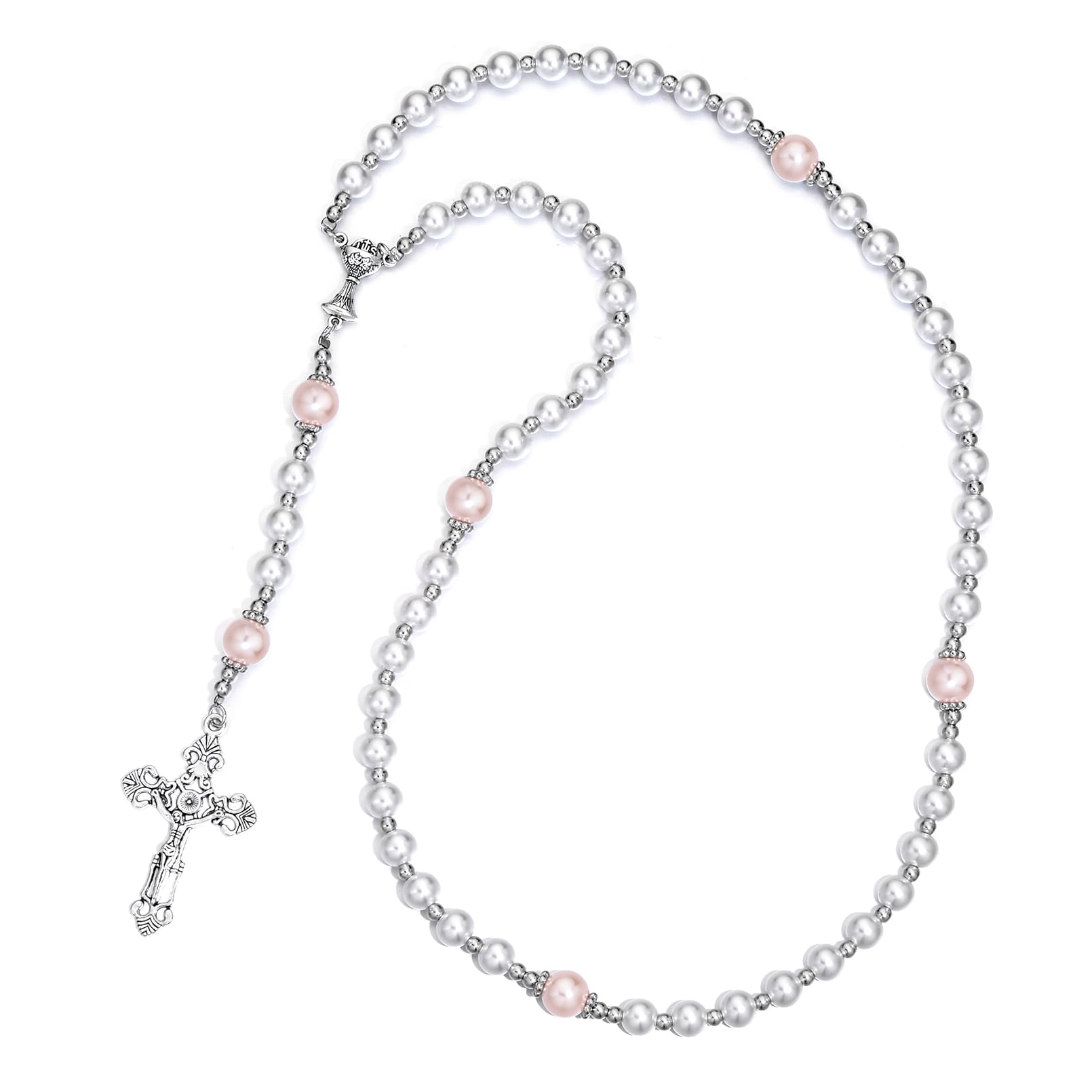 Merroyal First Communion Rosary with Glass Pearl Beads, Ornate Crucifix and Chalice Centerpiece, 18.5 Inches, Gift Box and Satin Bag Included - 3