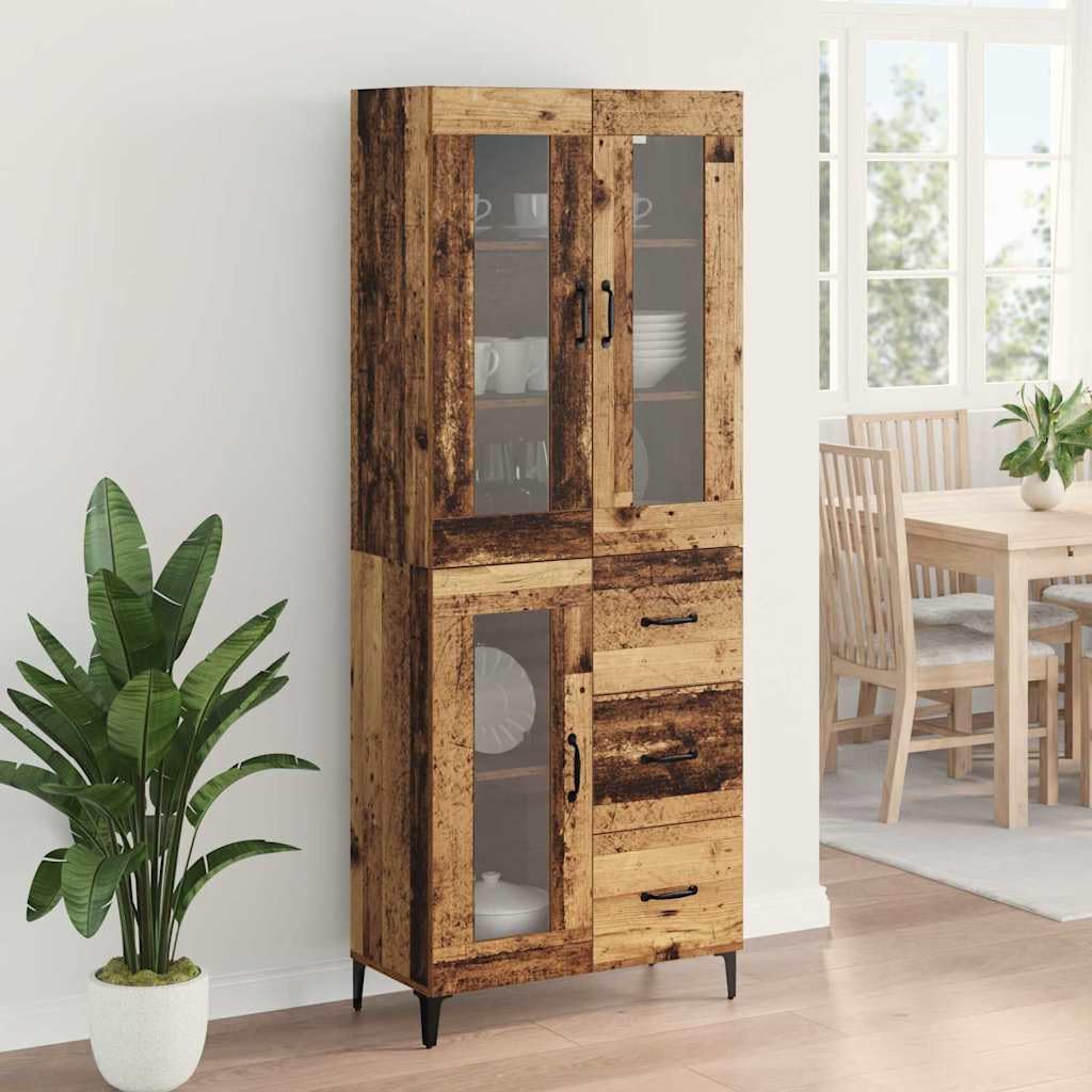 Komoda montowana na ścianie z materiału drewnopochodnego o wyglądzie starego drewna, 69,5 x 34 x 180 cm, z szufladą i drzwiami, nowoczesny kredens do salonu i kuchni