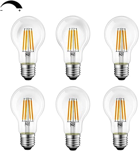 Bombillas LED E26 regulables, equivalente a 40 W, blanco cálido de 2700 K, bombilla de filamento LED A19 de vidrio transparente, paquete de 6