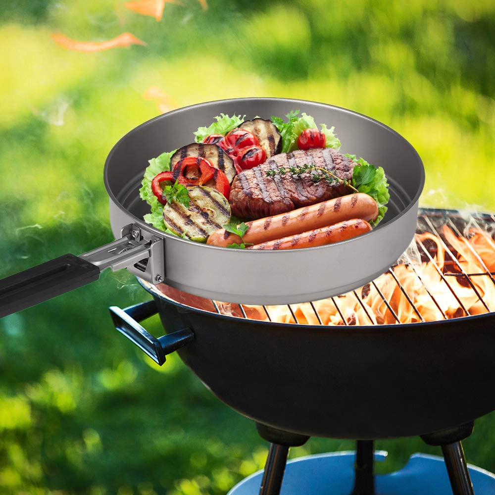 Lixada 1100ml Titanium Fry Pan Ultralight Grill Padella Antiaderente da Campeggio Pentole da Campeggio Backpacking Padella in Titanio con Maniglia Pieghevole, Outdoor Cooking Grill Padella