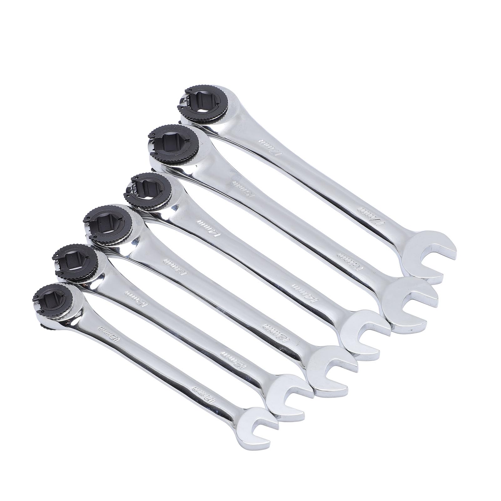 6-częściowy zestaw metrycznych kluczy nasadowych z grzechotką otwartą — rozmiary 10 mm, 12 mm, 13 mm, 14 mm, 15 mm i 17 mm z kątem obrotu 5 stopni — do przewodów hamulcowych i