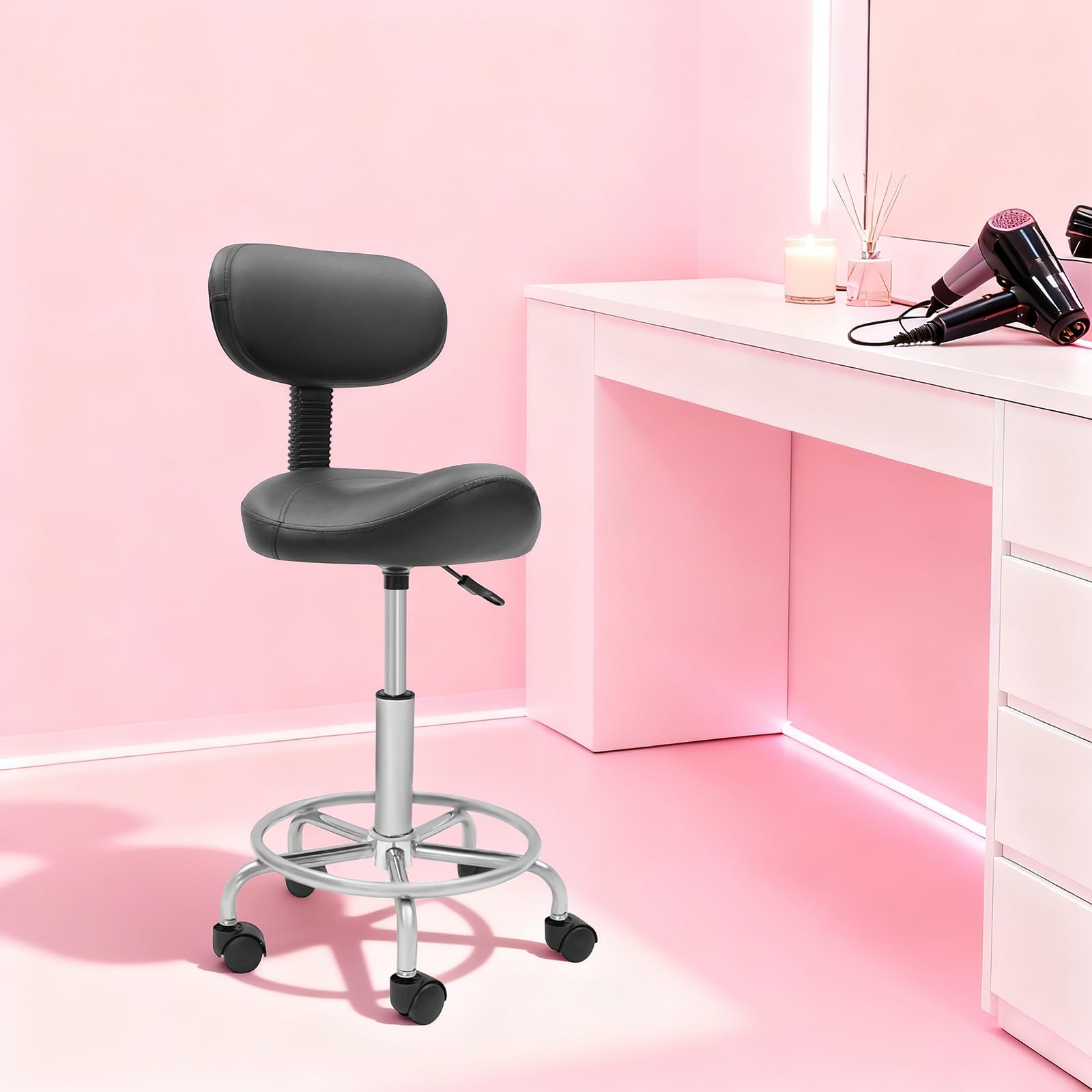 Sgabello a sella regolabile in altezza, con schienale, girevole a 360°, colore nero, design ergonomico, seduta comoda in poliuretano, per casa, salone, officina, 150 kg, portata 45-59 cm