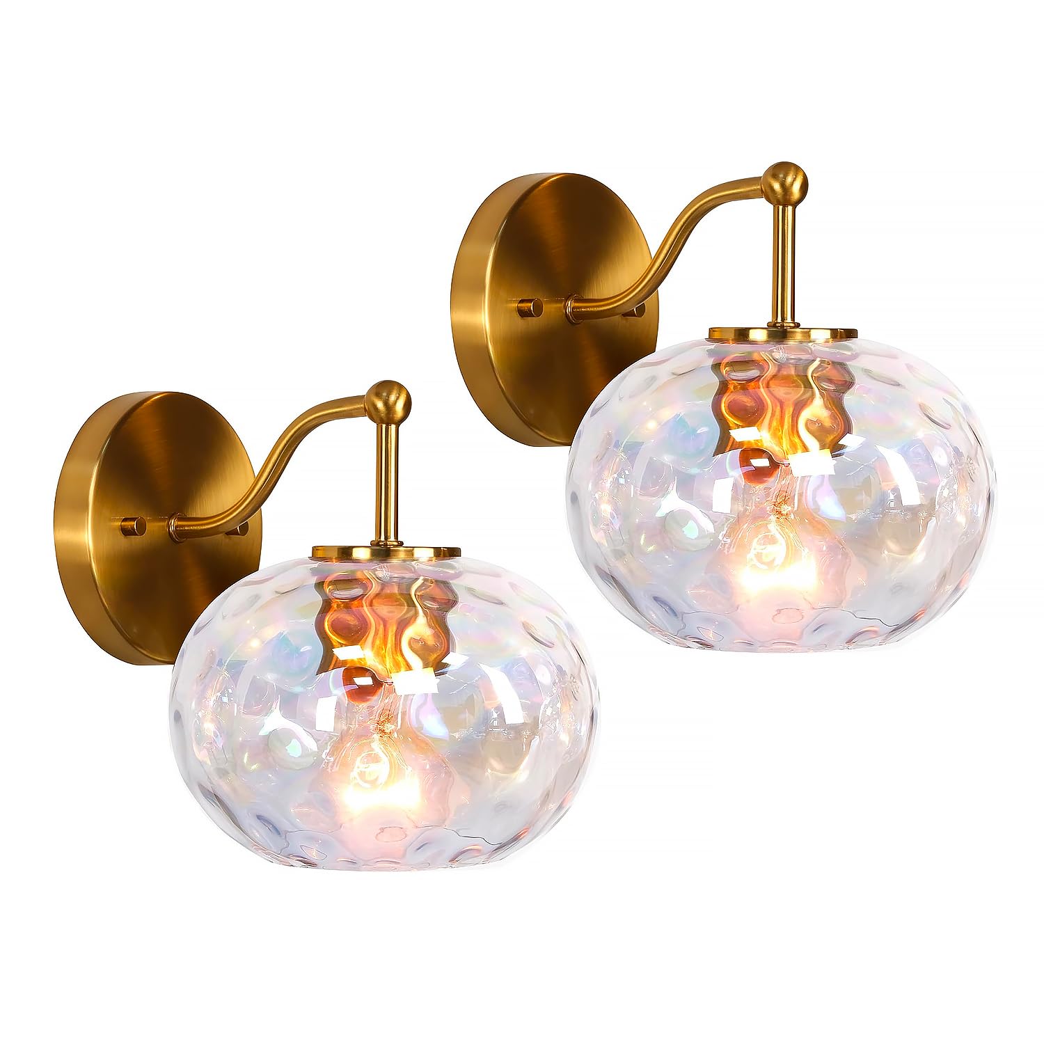 Juego de 2 apliques de pared de vidrio martillado de color dorado cepillado, lámpara de pared de latón con 1 luz para pasillo, sala de estar, escalera, baño, sobre espejo (latón dorado, 1 luz)
