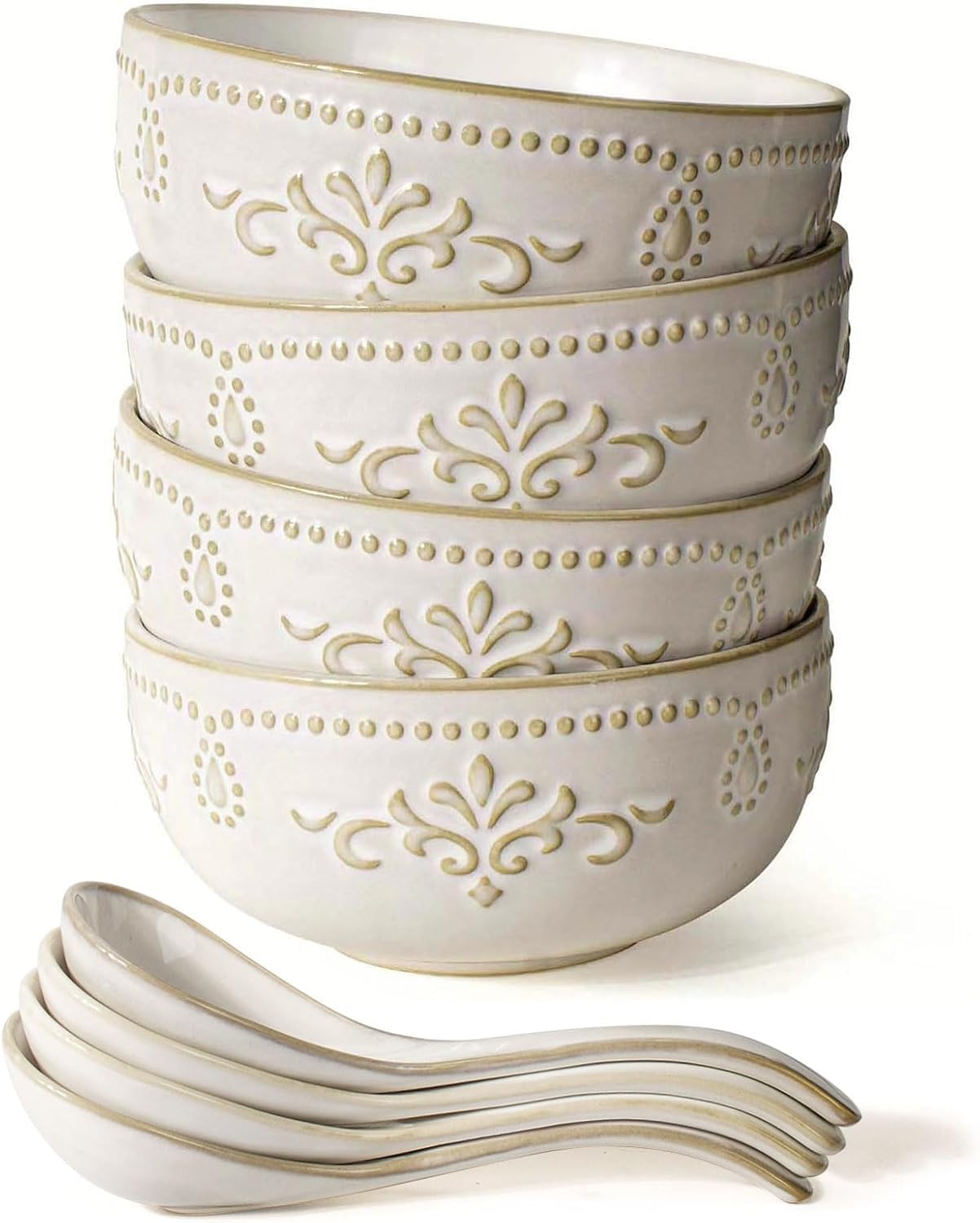 Artena Plates And Bowls Sets, 16 Pieces Dinnerware Sets, Dish Set For 4, Ceramic Kitchen Bowl And Plate Set, Cereal Bowls & Soup Spoons, Pho Bowls And Spoons Set, Embossed Ceramic Ramen Bowls