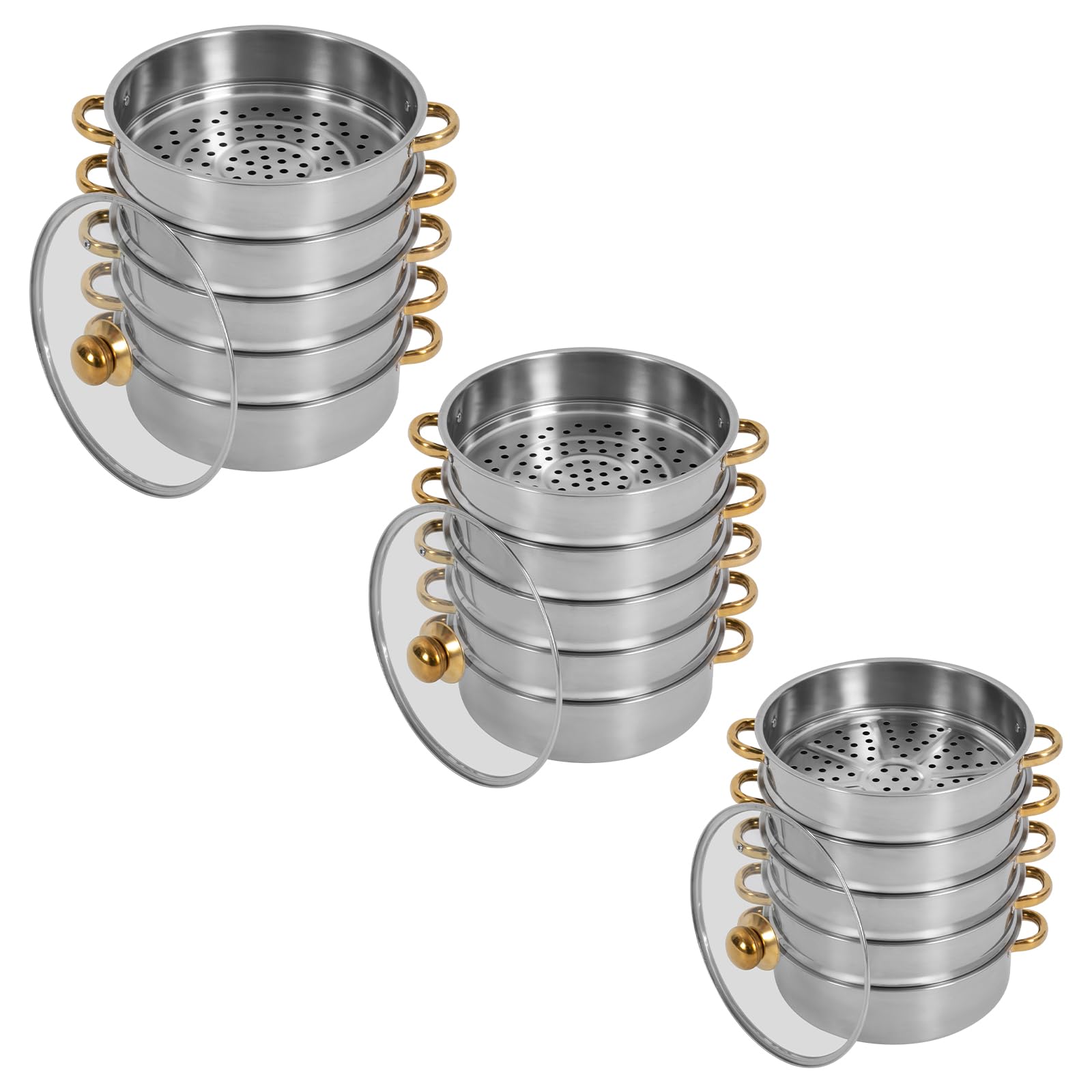 5 Etagen Edelstahl Dampfgarer Topf mit Deckel und Gold Griffen, Rund Dampfgartopf, Breite Öffnungen, Dampfkochertopf für Gasherd, Induktionsherd (26cm)