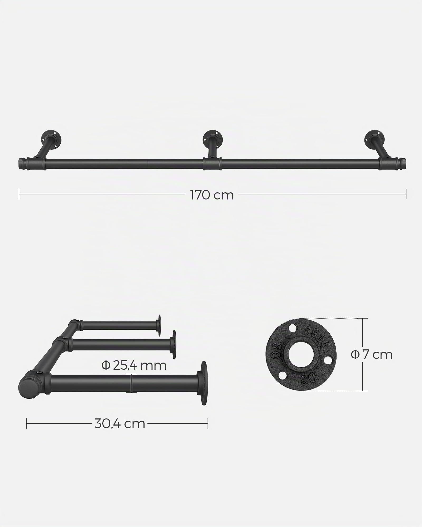 SONGMICS Juego de 2, Perchero de Pared, Colgador de Pared, Estilo Industrial, Ahorra Espacio, 30,4 x 170 x 7 cm, Capacidad de Carga de 68 kg, Fácil Montaje, para Espacios Reducidos, Negro HSR104B02 | Perchero de estilo industrial para dormitorio, 4 x 170