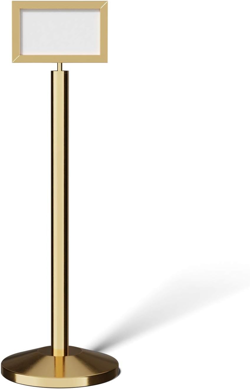 Crowd Control Warehouse Pedestal Standing Floor Sign Frame with Sloped Base, 7x11 Inch Horizontal, Polished Brass - CCW Series SFFS-100