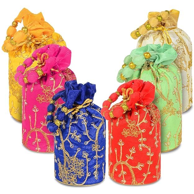 Image of Women Potli Bags | Zari Embroidered Silk With Drawstring | Traditional Return Gifts for Mehandi, Haldi, Baby Shower, Wedding, Sangeet, Seemantham