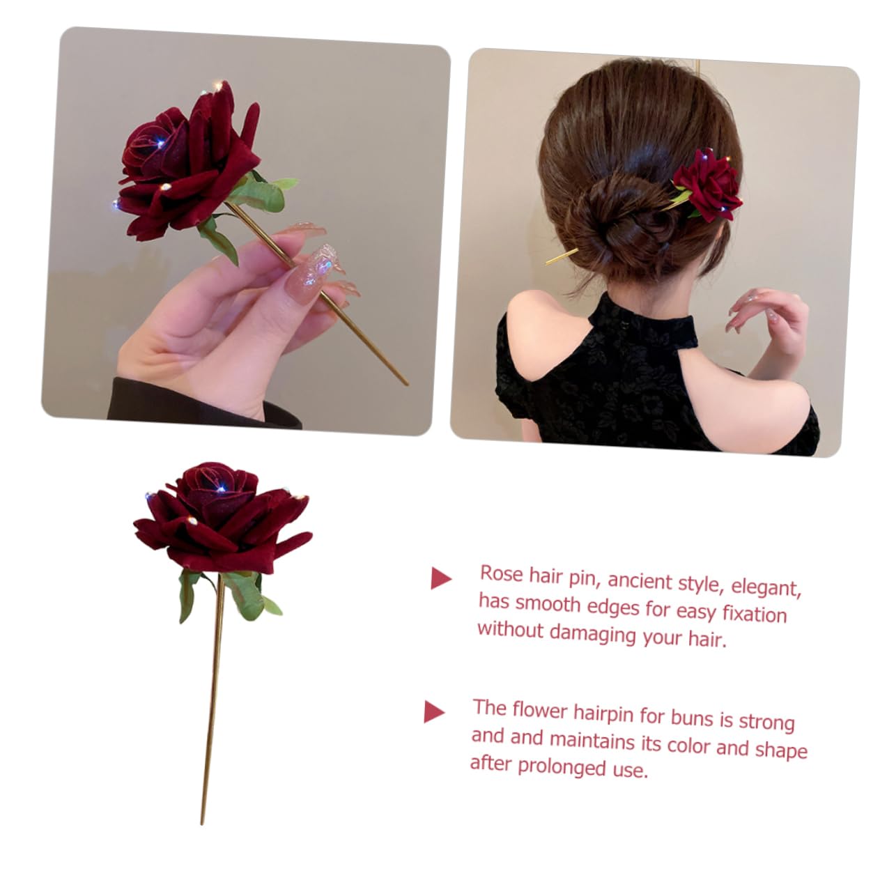 MAGICLULU Pinces à Cheveux de Luxe en Strass avec Rose Rouge pour Femmes Épingle à Cheveux de Style Chinois pour Coiffures Formelles Et Décontractées