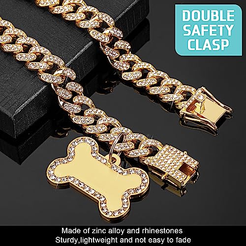 Hillban Golden Dog Chain Diamond Collar Necklace with Pet ID Jewelry Tags Rhinestones Stainless Steel Metal Link Collar Walking Chain for Christmas Puppy Boys Girls Gift Small Dogs (10 Inch) - Image 6