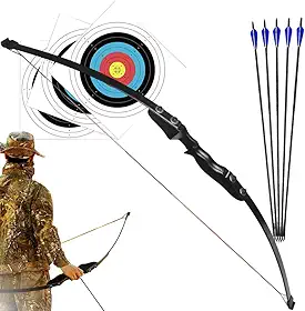 Arco e Flecha Profissional 40lbs de Força em Madeira de Faia Recurva com 5 Flechas de Disparo com Ponta de Alumínio Para Tiro ao Alvo Caça Pesca Campeonato Treino (Preto)