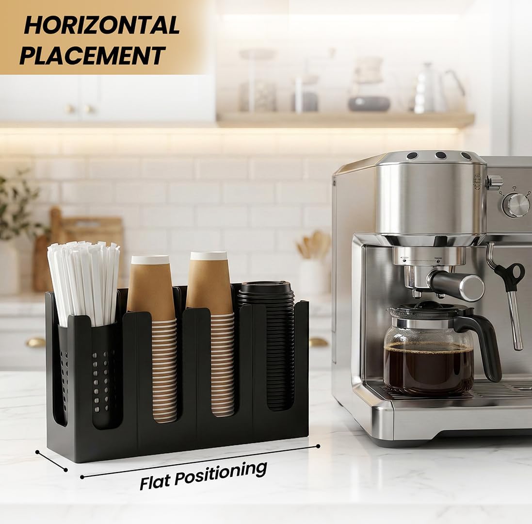 Coffee Cup & Lid Dispenser with Straw Organizer for Countertop – 4 Level Adjustable Paper Cup Holder for Coffee Bar, Café & Restaurant