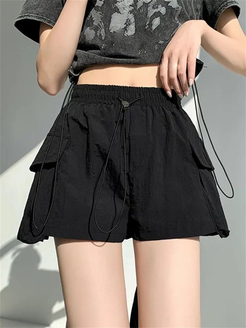 Short taille haute avec cordon de serrage pour femme - Séchage rapide - Poche - Vêtements de travail et de sport