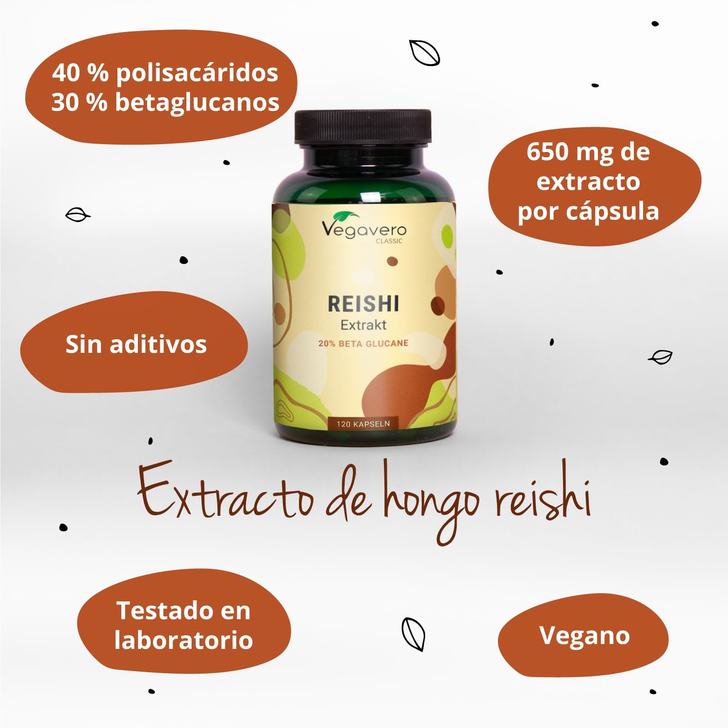 Reishi Puro Vegavero | Dosis Más Alta: 13000 mg (10:1) | Con 40% Polisacáridos & 20% Betaglucanos | Ganoderma Lucidum | Sin Aditivos & Vegano | 120 Cápsulas