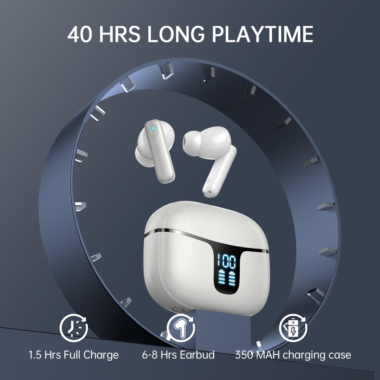 Cuffie Bluetooth, Auricolari Bluetooth 5.3 Stereo HiFi con 4 ENC Mic Cancellazione Rumore, Cuffie Wireless In Ear 40H Cuffiette Bluetooth Sport LED USB-C Touch Control Earbuds per Android iOS Grigio