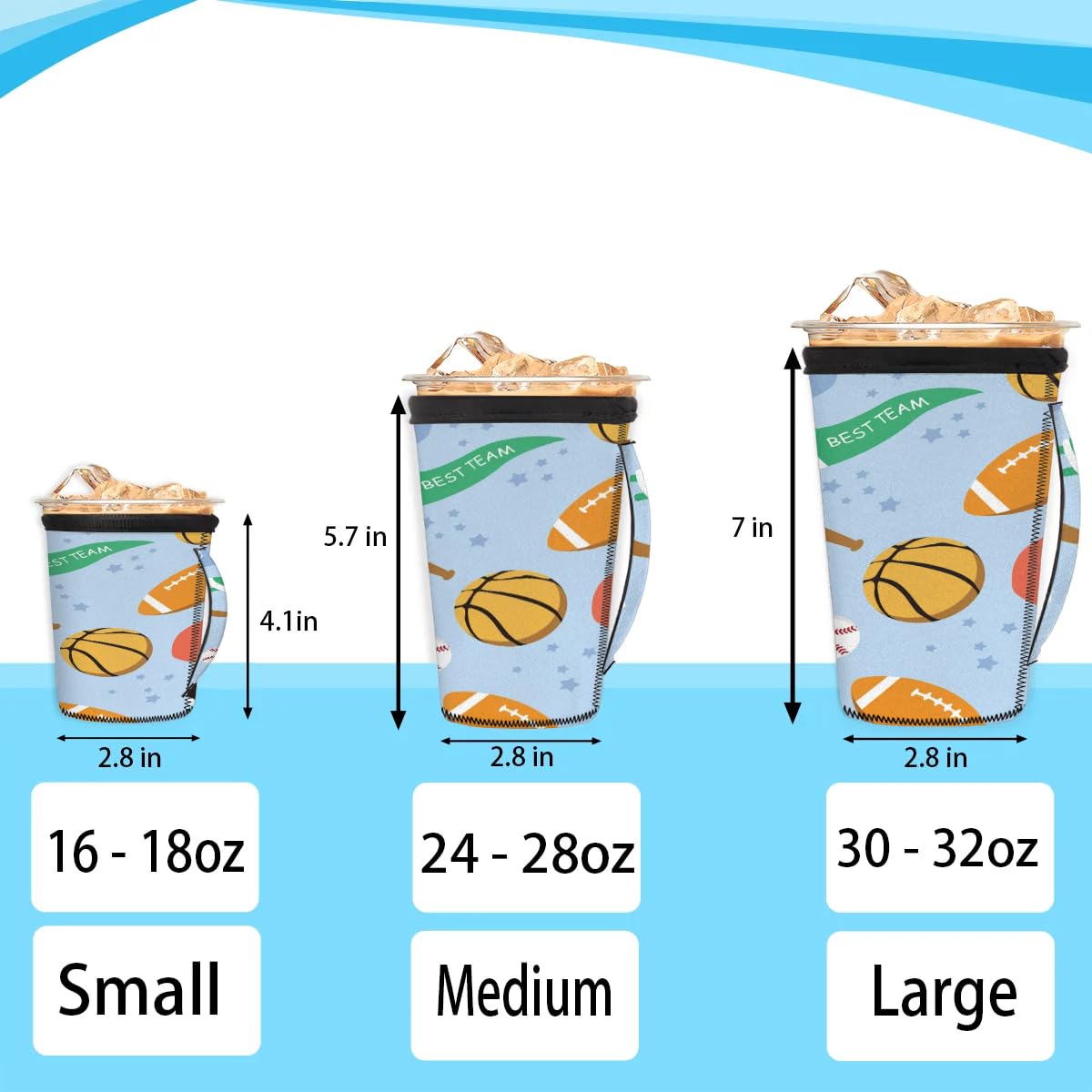Sports Basketball Tennis Volleyball M Reusable Iced Insulator Coffee Sleeves Neoprene Insulated Sleeves With Handle Coffee Sleeves for Iced Coffee Cups Drinks