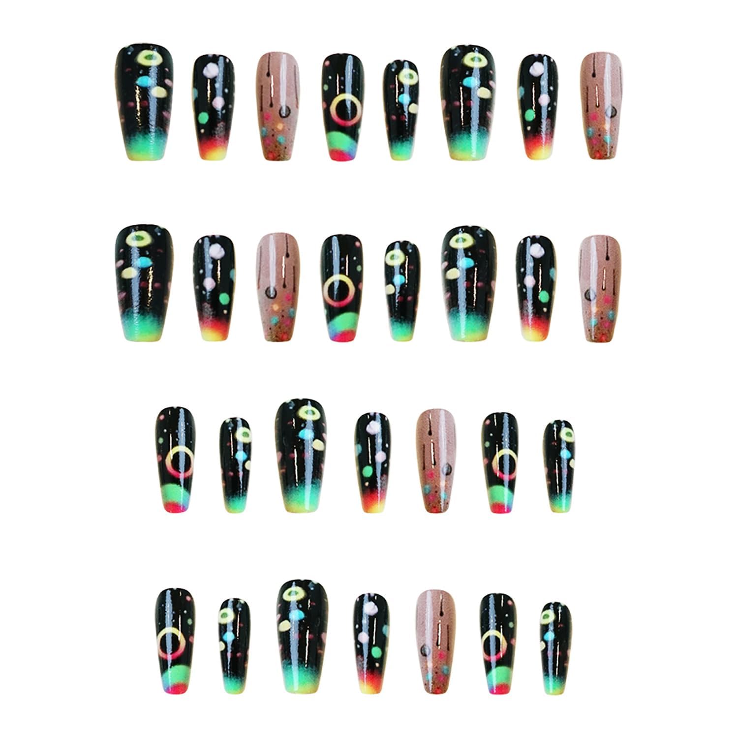 24Pcs Black Rainbow Press on Nails, Acrylic Full Cover Coffin Nails - Gradient & Circle Design, Medium Ballet Shape - Image 3