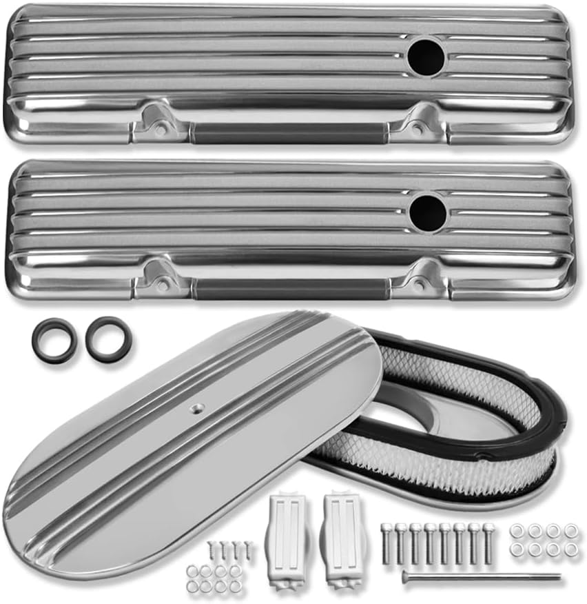 Short Valve Covers For SBC 283 305 327 350 400 1958-1986 and 15" Oval Air Cleaner Partial Finned Polished