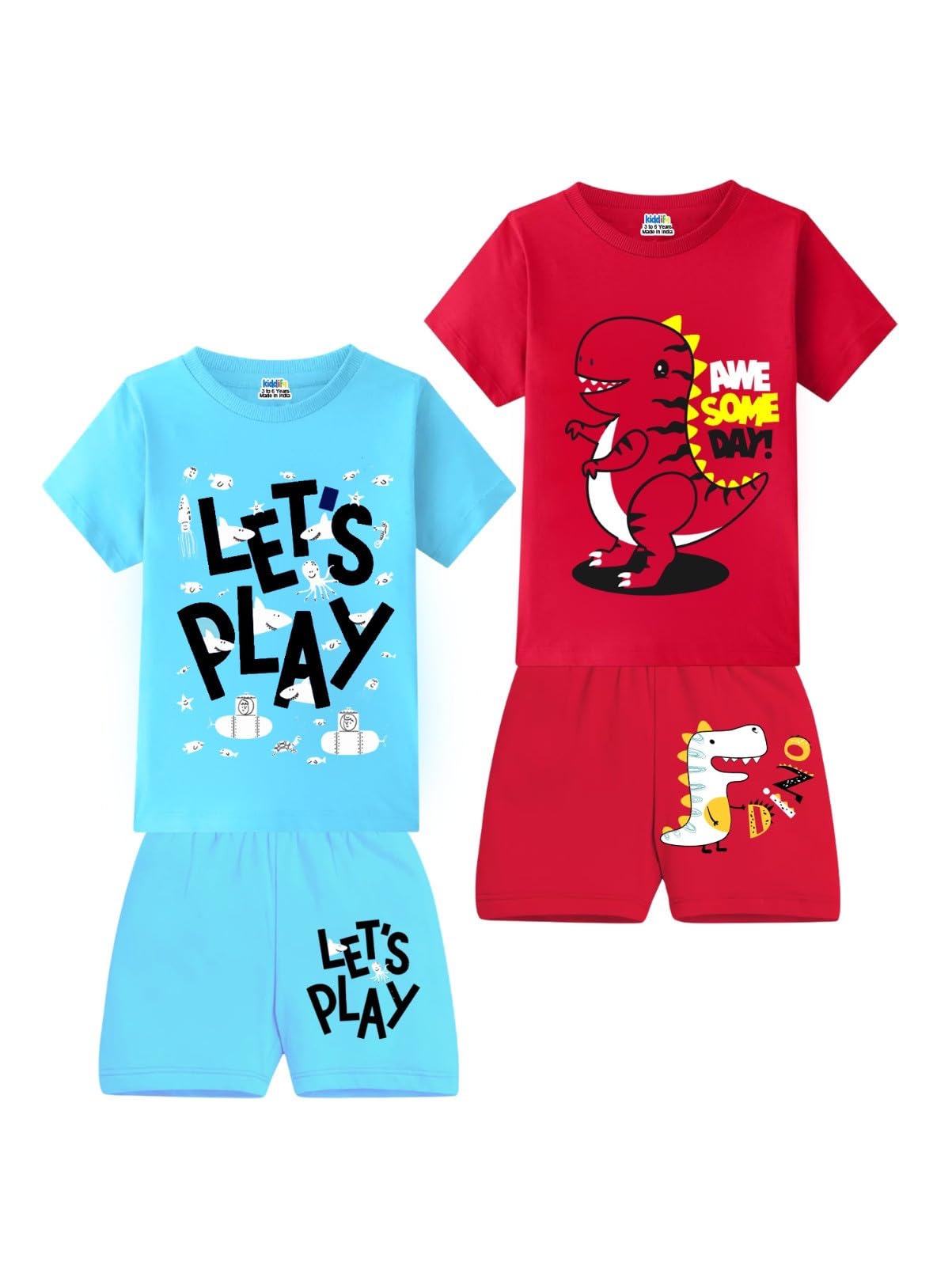 kiddify Pack Of 2 Multicolor Boys Regular Fit Casual Cotton T-Shirts and Shorts Set-picture-16