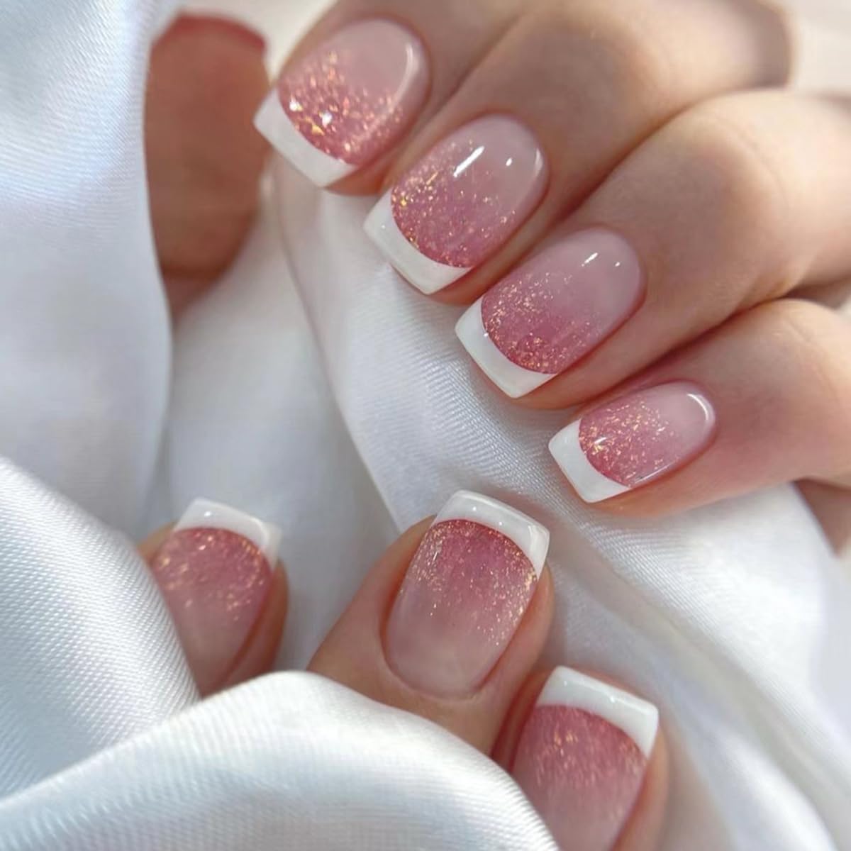 Glitter French Tip Press on Nails Short Square Gradient Pink Fake Nails Shiny Gold Design White French Tips Finger Nails Press ons Cute False Nails Full Cover Stick on Nails for Women Manicure 24Pcs