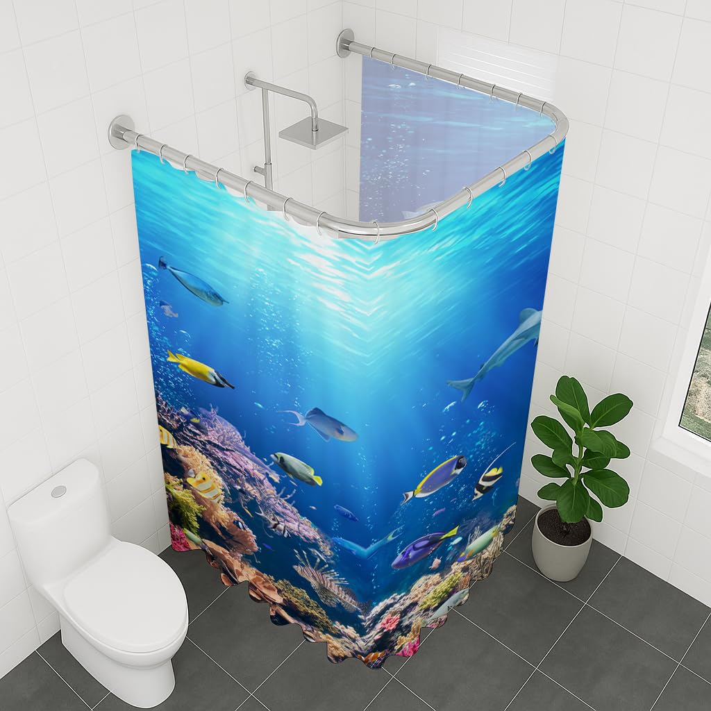 Tenda da doccia extra larga 240x180 cm, mondo sottomarino oceanico, pesci tropicali, antimuffa, tessuto impermeabile, tende da bagno per bagno con 18 ganci, blu brillante,