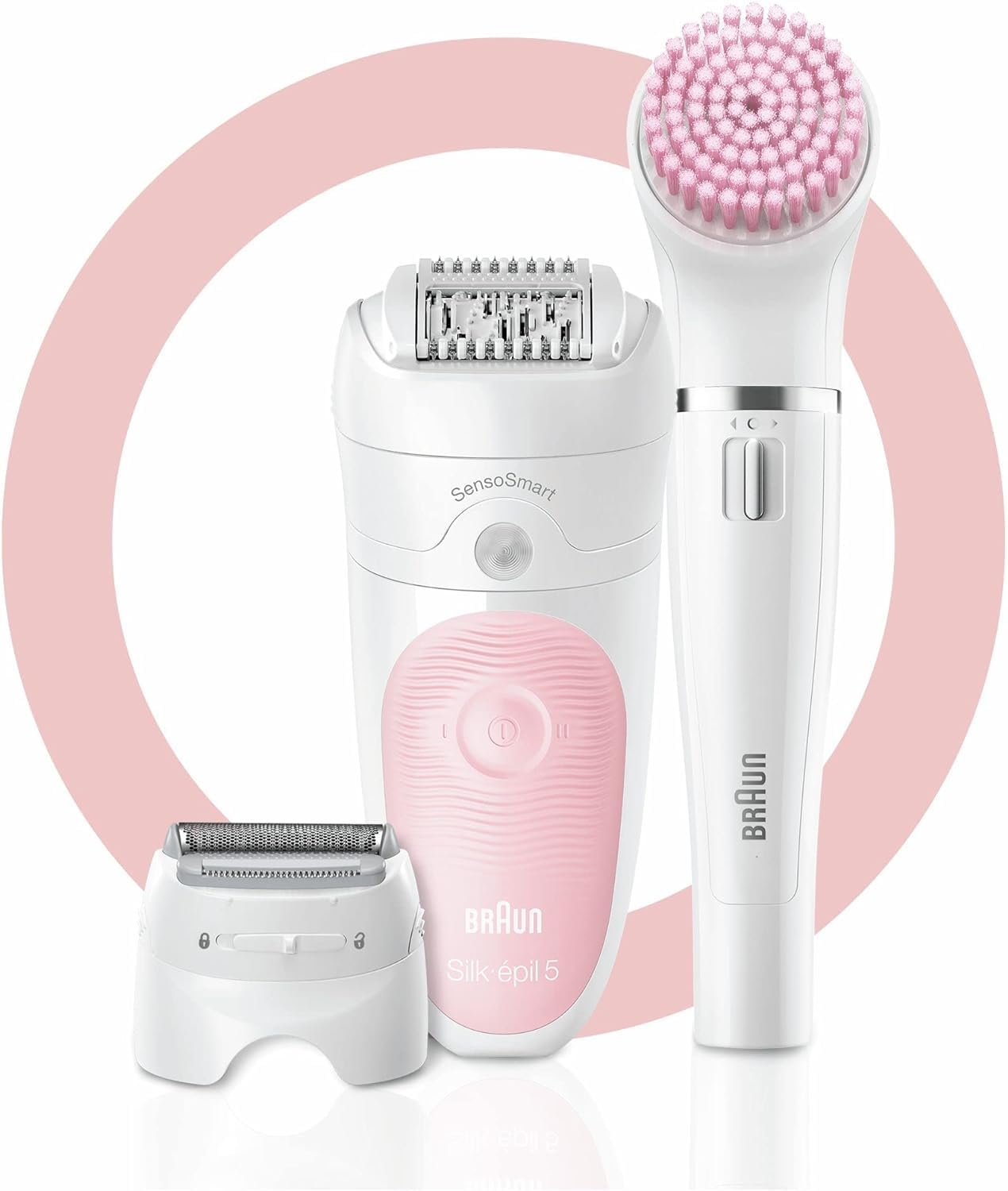 Braun Silk-épil 5 zestaw kosmetyczny, depilator dla kobiet/depilator, nasadki do golenia, peelingu, oczyszczania twarzy i ciała, torba, 5-895, biały/flaming