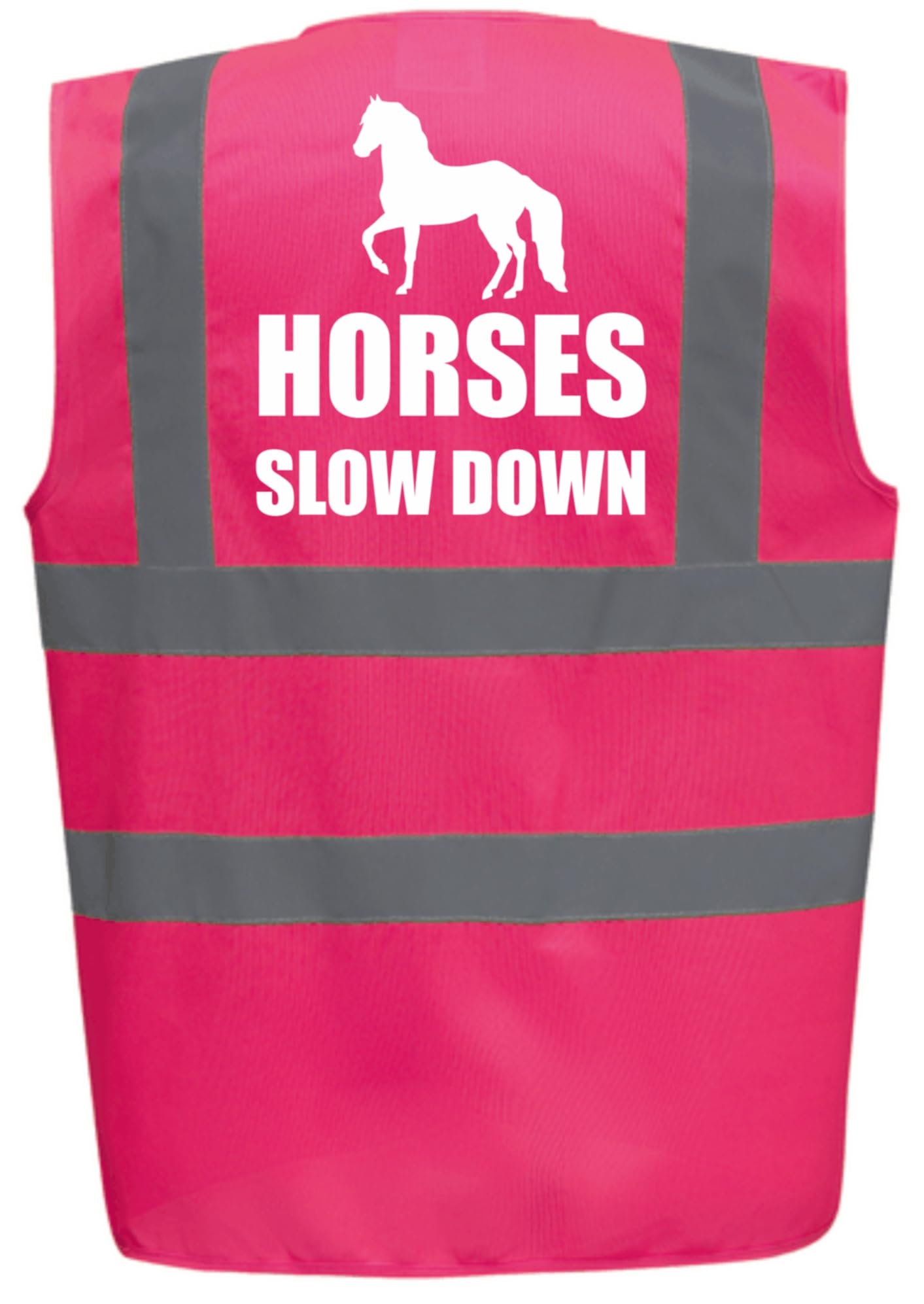 Bright Pink High Visibility Vest with White Text HORSES SLOW DOWN WITH IMAGE- HORSE RIDING By Brook Hi Vis Medium