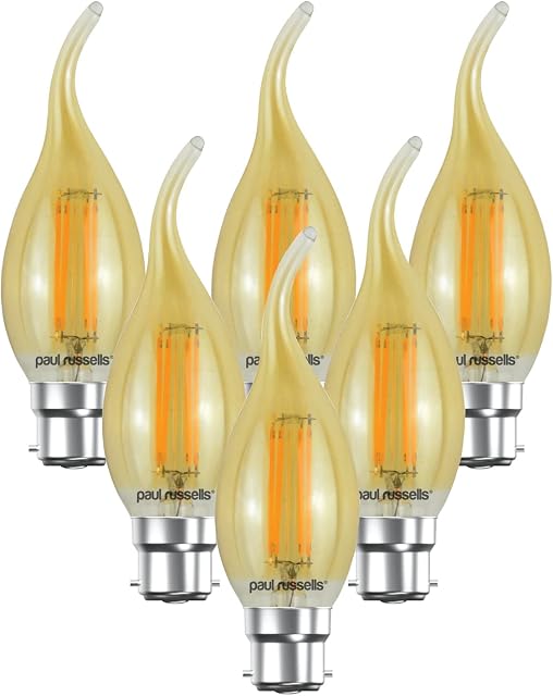 paul russells LED Filament Flame Candle Light Bayonet Cap B22D, 35w Equivalent C35T 4W 380LM Lumens Lamps, 2200K Amber Bulbs, Energy Saving Chandelier Bent-Tip Lightbulbs, Pack of 6