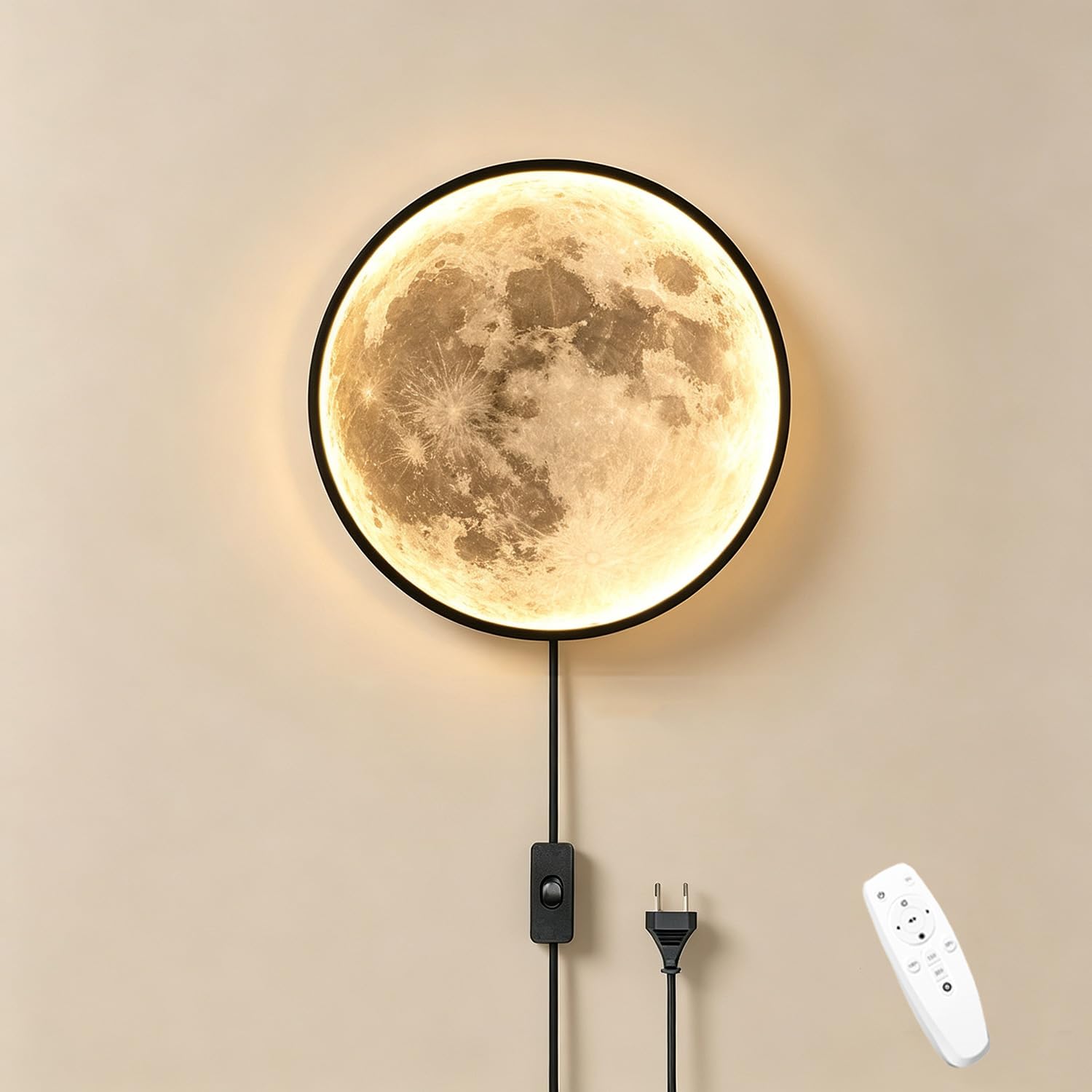 Aplique de Pared LED Luna Interior con Mando a Distancia, Lámpara de Pared Regulable 35W con Interruptor y Enchufe, Lámpara de Cabecera Infantil con Cable, Lámpara de Luna para Dormitorio Salón,30cm