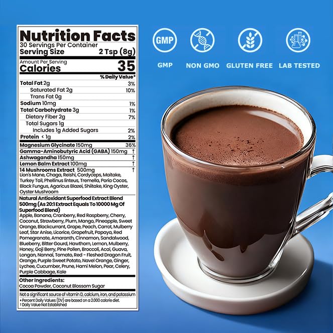 Mushroom Hot Cocoa, Melatonin-Free Natural Relaxation Drink Mix | 14 Mushroom Extracts, Magnesium, Ashwagandha, GABA & 51 Superfoods | Calm & Sleep Support | Keto & Vegan, Cocoa Powder | 30 Servings - Image 2
