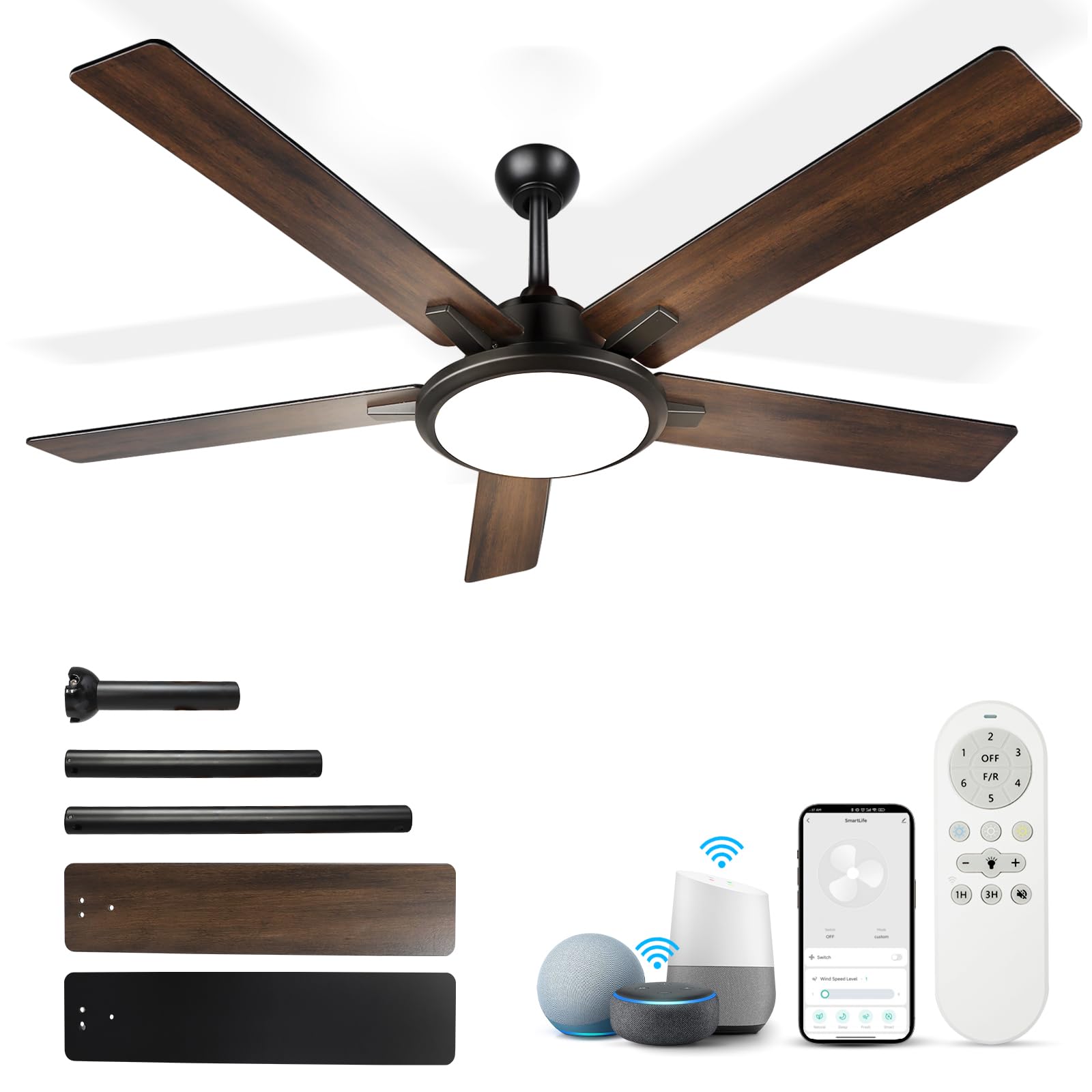 OUTON 52" Ceiling Fans with Lights and Remote, Smart Wi-Fi Ceiling Fan Works with Alexa Google Home Voice APP Control,3 Color Temperature,5 Dual Finish Blades,Ceiling Fan for Bedroom Living Room Patio