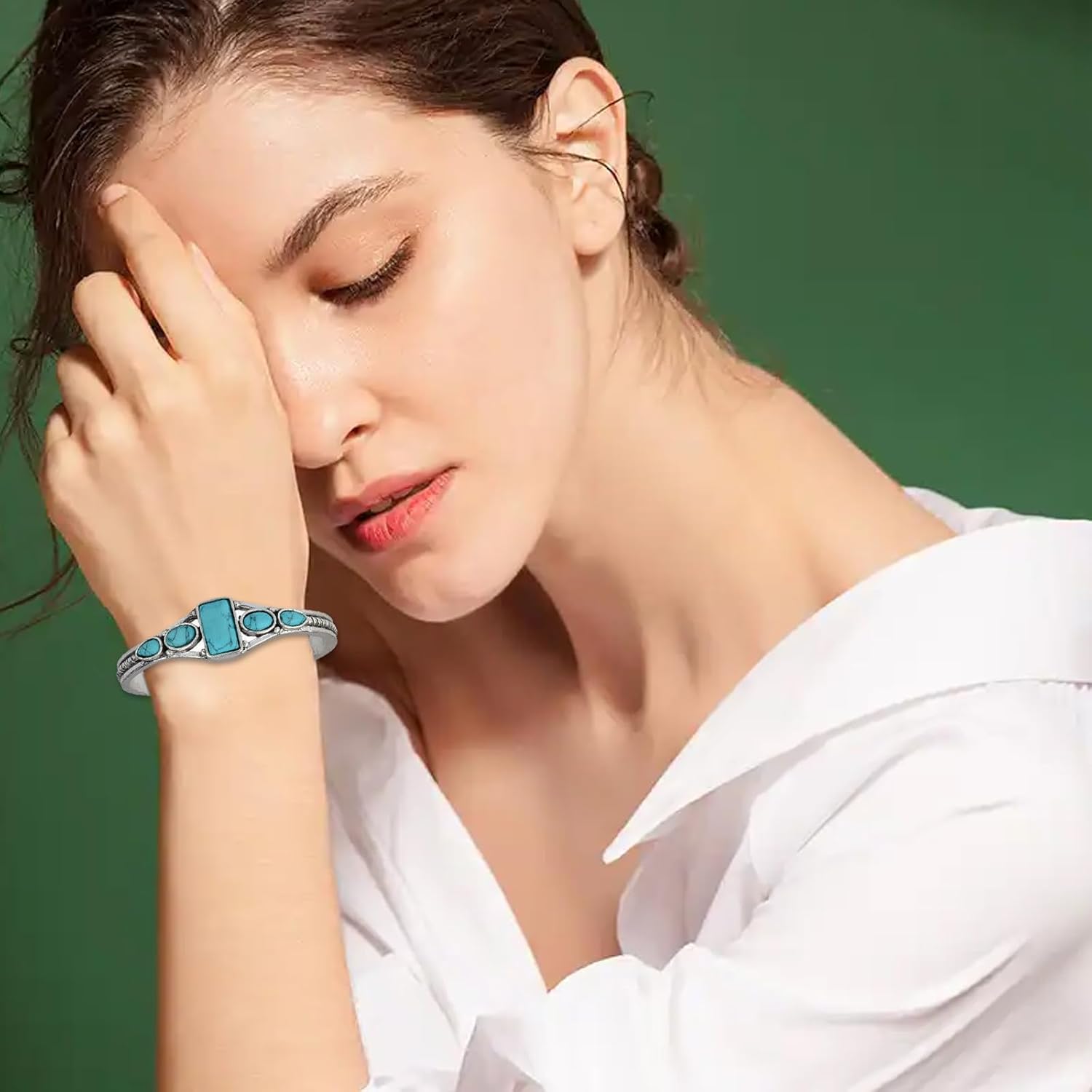 5Pcs Turquoise Bracelets Set Turquoise Cuff Bracelets for Women Adjustable Silver Bangle Bracelets Cowgirl Stackable Bracelets Boho Western Jewelry for Women - Image 7