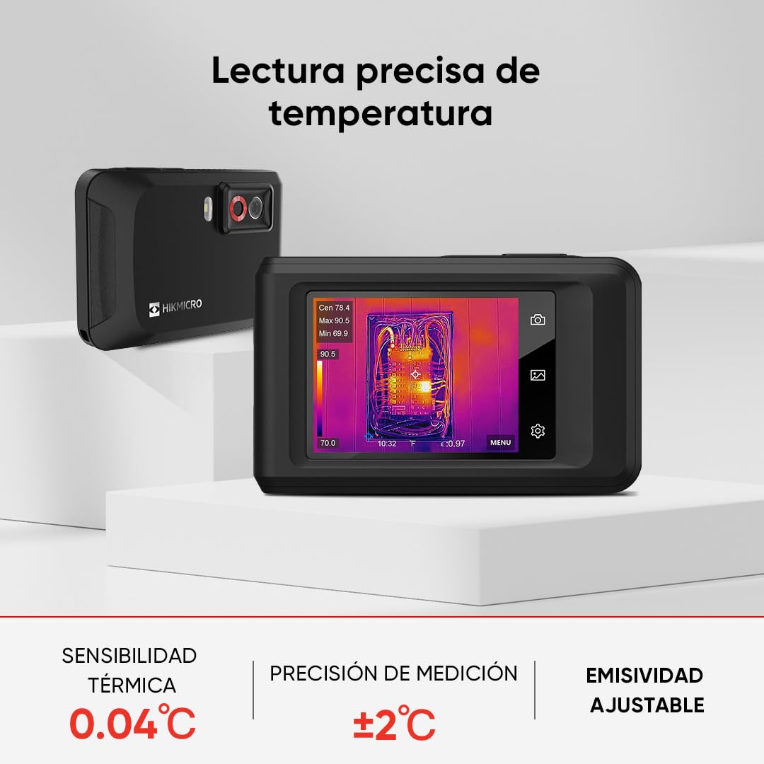 HIKMICRO Cámara termográfica PocketC con resolución IR de 256 x 192, con cámara Visual de 8MP, 25 Hz, escáner térmico con Pantalla táctil de 3,5", IP54, 20℃~400℃, sin WiFi